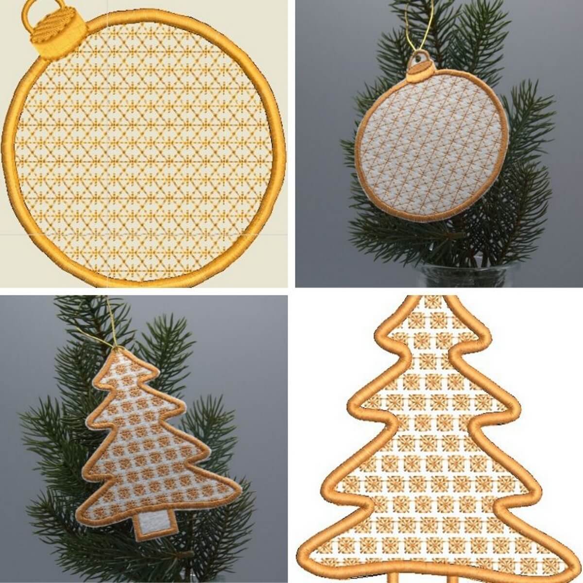 Stickdesign Anhänger Set Tannenbaum und Weihnachskugeln